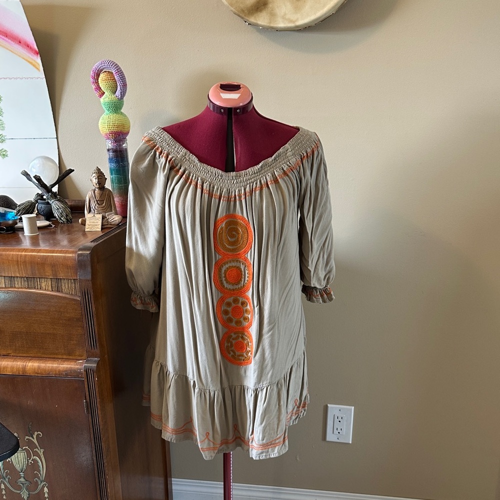 Boho Embroidered Peasant Dress - Taupe with Orange Accents - Picture 2 of 3